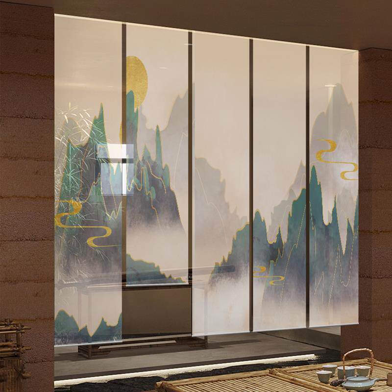 新中式创意山水定制免打孔办公室卷帘窗帘软隔断纱帘客厅茶室挂屏