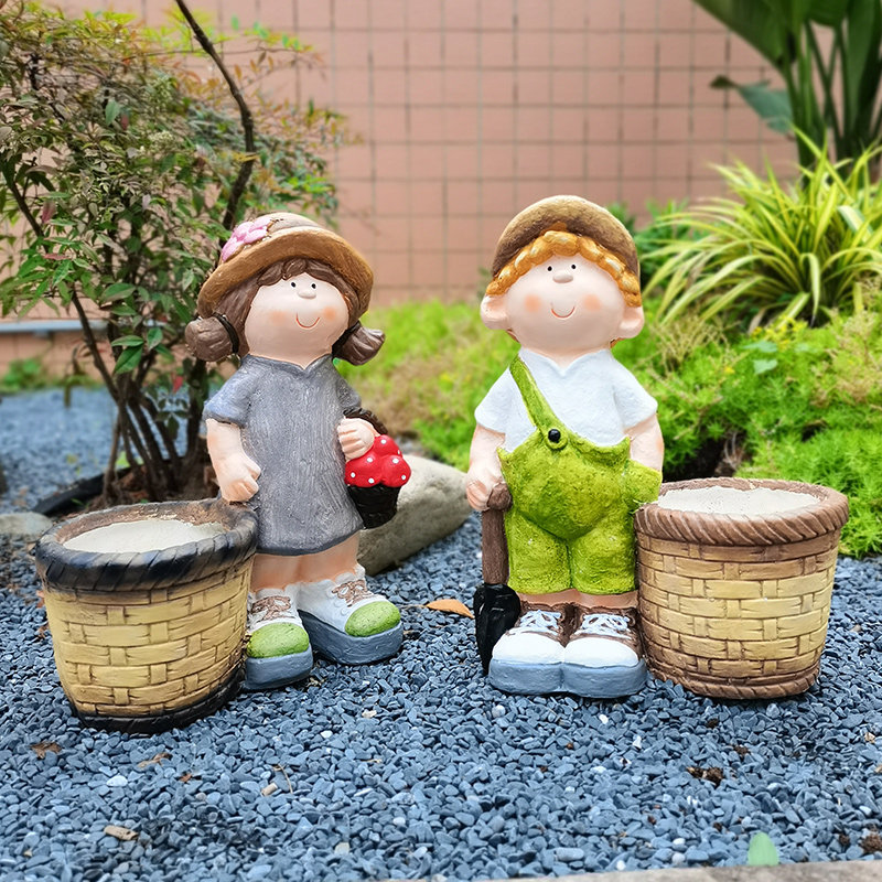 别墅庭院装饰花园摆件户外卡通人物娃娃户外幼儿园男孩女孩花盆