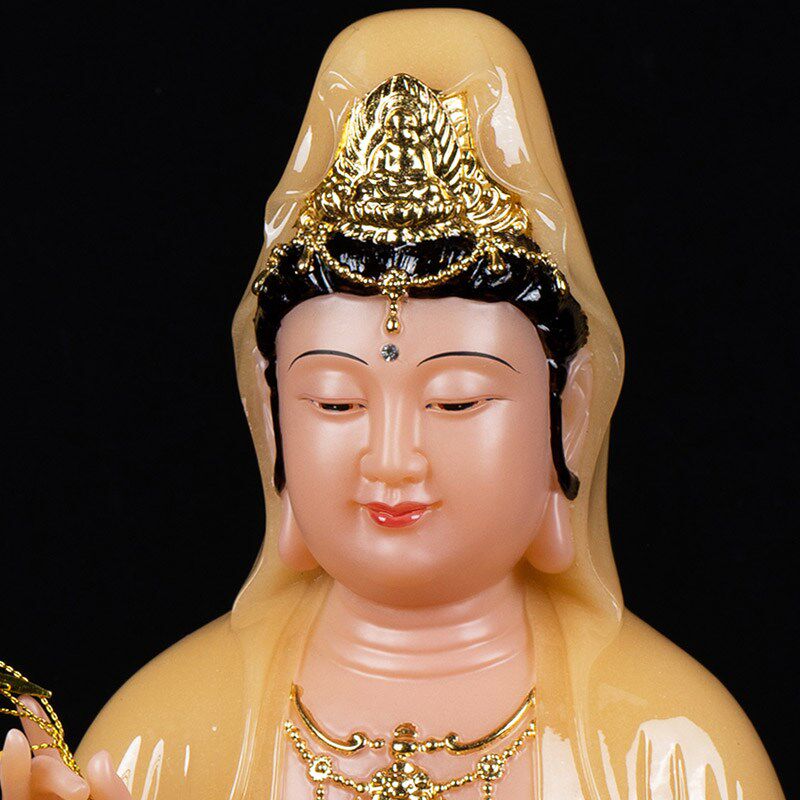观音菩萨汉白玉石雕家用供奉坐莲南海观世音神像娑婆三圣佛像摆件