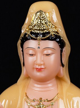 观音菩萨汉白玉石雕家用供奉坐莲南海观世音神像娑婆三圣佛像摆件