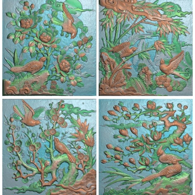 精雕图仿古 A古建石雕花鸟图 梅兰竹菊灰度图东阳木雕工艺品挂件