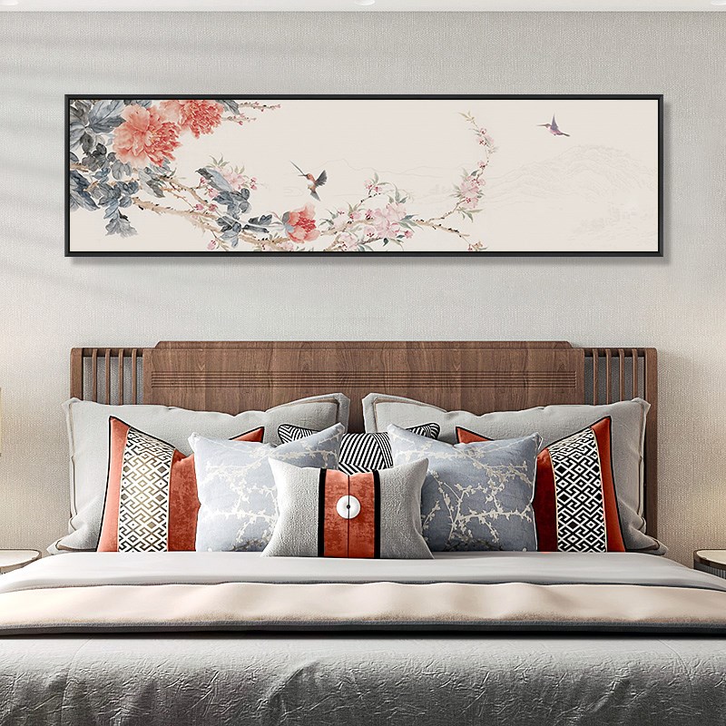 主卧竹子挂画新中式梅花海棠花鸟卧室床头画中国风客厅装饰画横幅