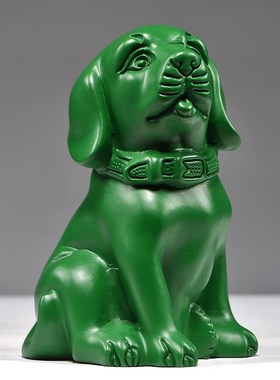 绿色木雕狗摆件木质生肖狗实木头家居客厅电视柜办公室装饰工艺品