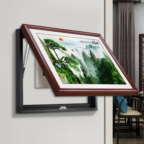 新中式入户电表箱装饰画山水画横款免打孔餐厅弱电箱遮挡挂画推拉