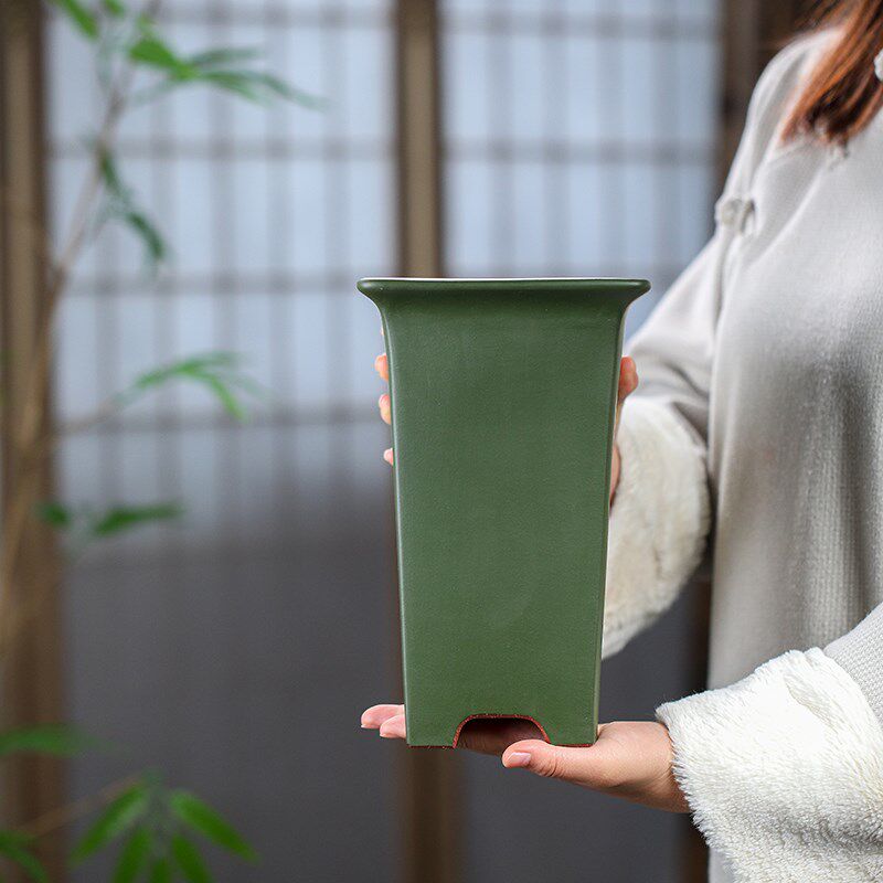 清香阁紫砂绿泥粉浆平口四方签筒花盆室内兰花盆桌面简约绿植花器