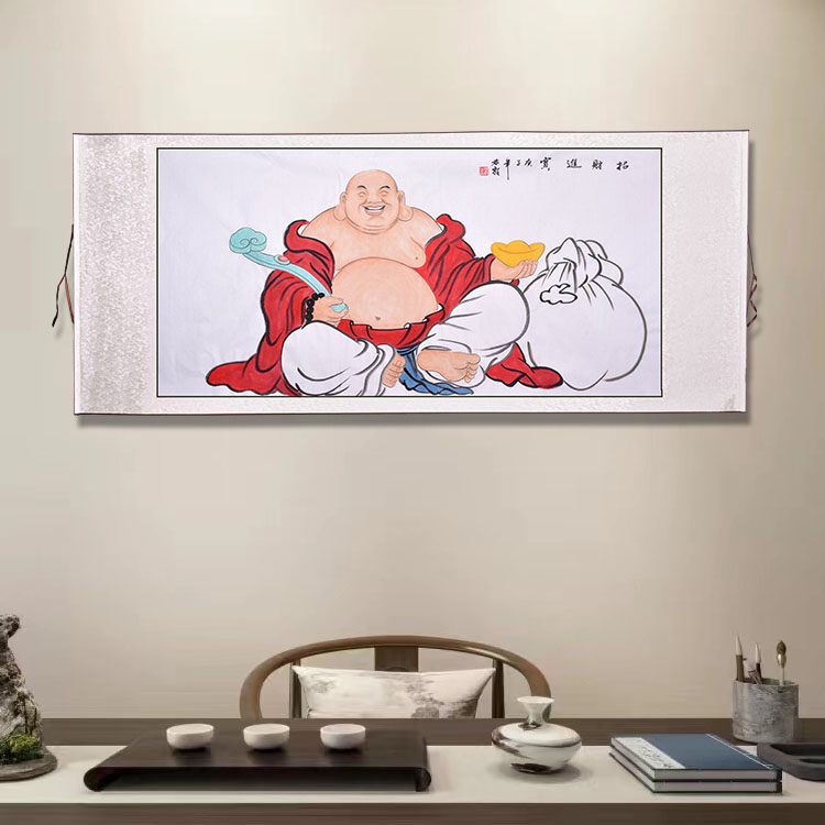 手绘弥勒佛画像国画入户玄关茶室办公室挂画新中式佛系装饰画招财