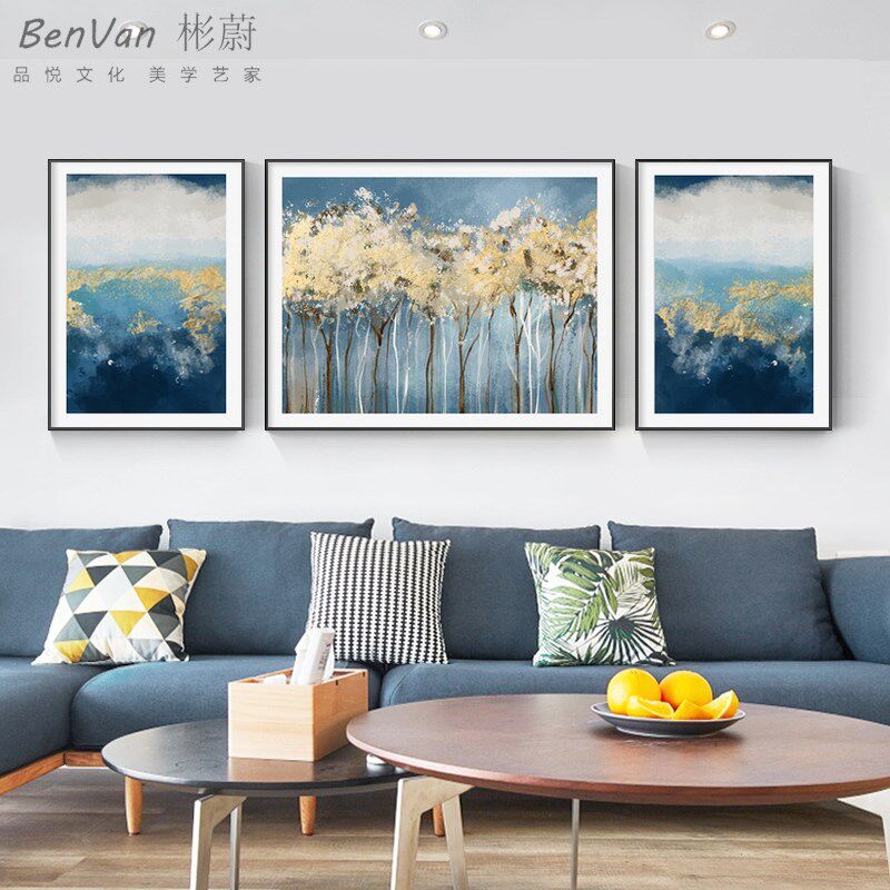 网红发财树客厅装饰画抽象轻奢沙发北欧挂画文艺卧室背景墙三联画