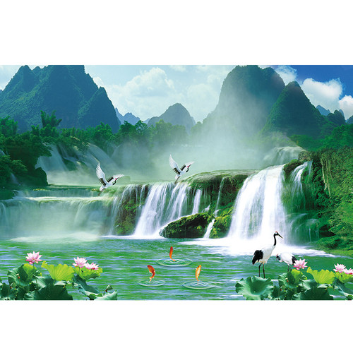 订做山水画海报瀑布挂画流水仙鹤荷花图风景贴画居家装饰墙画定制
