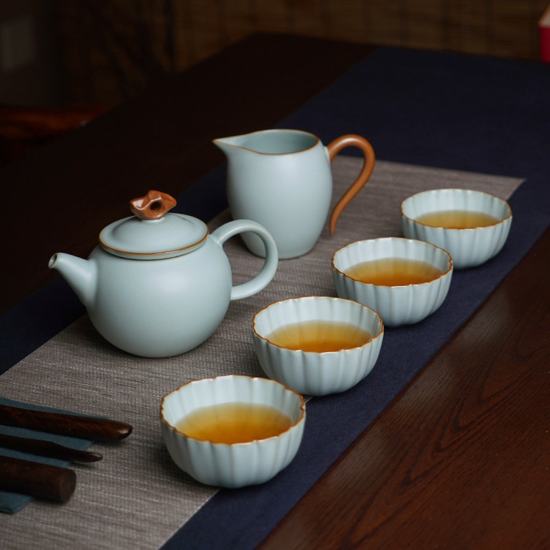 汝窑公道杯陶瓷冰裂釉分茶器家用景德镇汝瓷公杯侧把青瓷茶海茶具