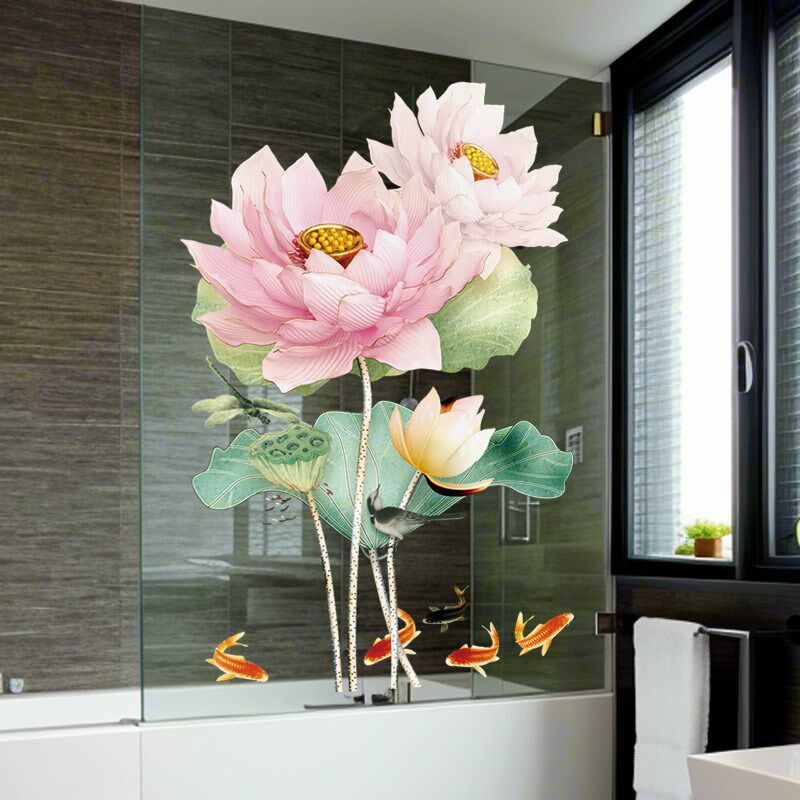 化妆室莲花防水墙贴画 画厕所玻璃拉门双面防撞荷花鲤鱼九鱼净秽