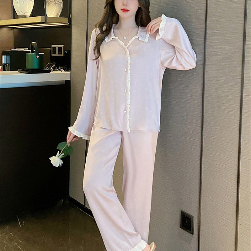 宫廷风睡衣女春秋款真丝长袖提花甜美公主风法式桑蚕丝家居服套装