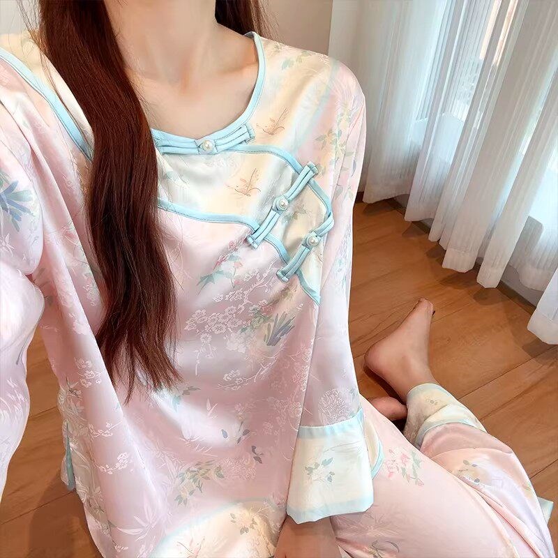 新中式睡衣女汉清冰丝家居服古代清朝中式宫廷风秋冬厚居家服套装
