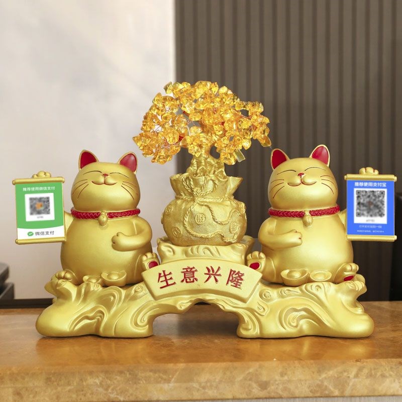 创意招财猫金色摆件店铺收银台发财装饰二维码新店开张送礼物礼品