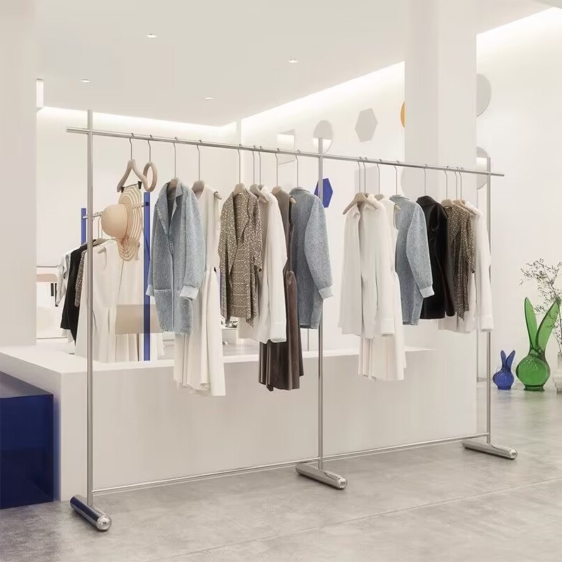 服装店展示架落地式不锈钢银色简约陈列架女装中岛货架童装挂衣架
