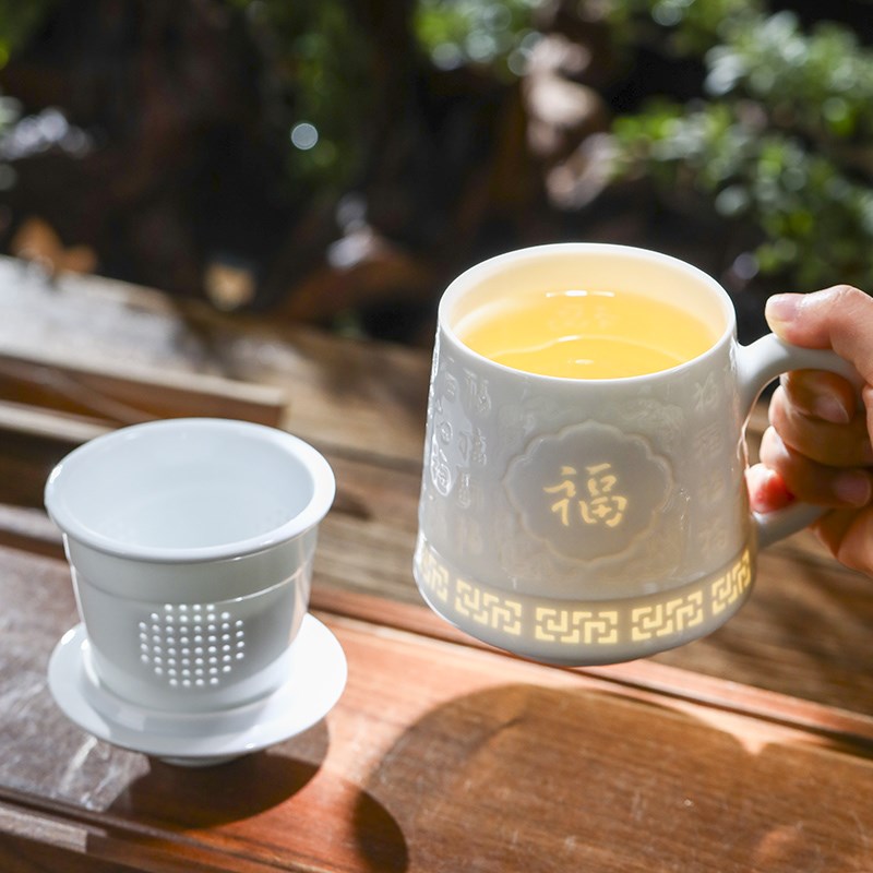 景德镇茶杯陶瓷茶水分离影青玲珑过滤大容量泡茶杯生肖礼品办公杯