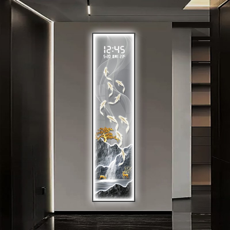 新中式玄关装饰画九鱼图电子时钟挂墙细长条钟表挂钟客厅2024新款