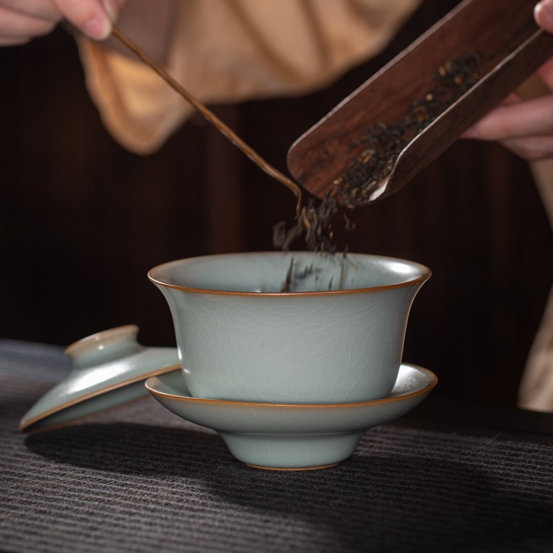 问鼎汝窑三才盖碗茶杯单个高档泡茶碗景德镇青瓷陶瓷茶具礼盒装