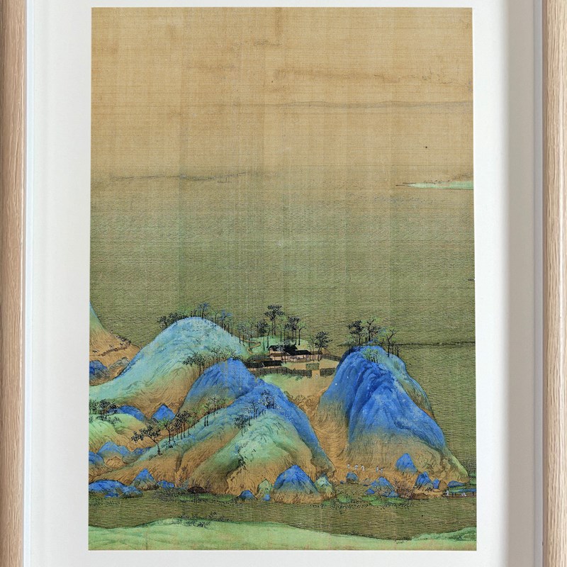 中式斗方摆台千里江山图青绿色山水实木框画国画装饰挂画高清复制