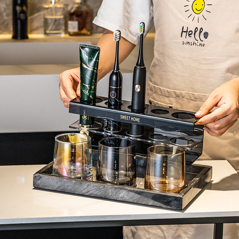简约大理石电动牙刷置物架北欧轻奢洗手台洗漱杯牙膏牙具收纳套装