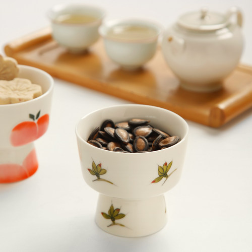 日式手绘高脚足茶点盘陶瓷水果盘中式点心碗干果碟复古茶桌小托盘