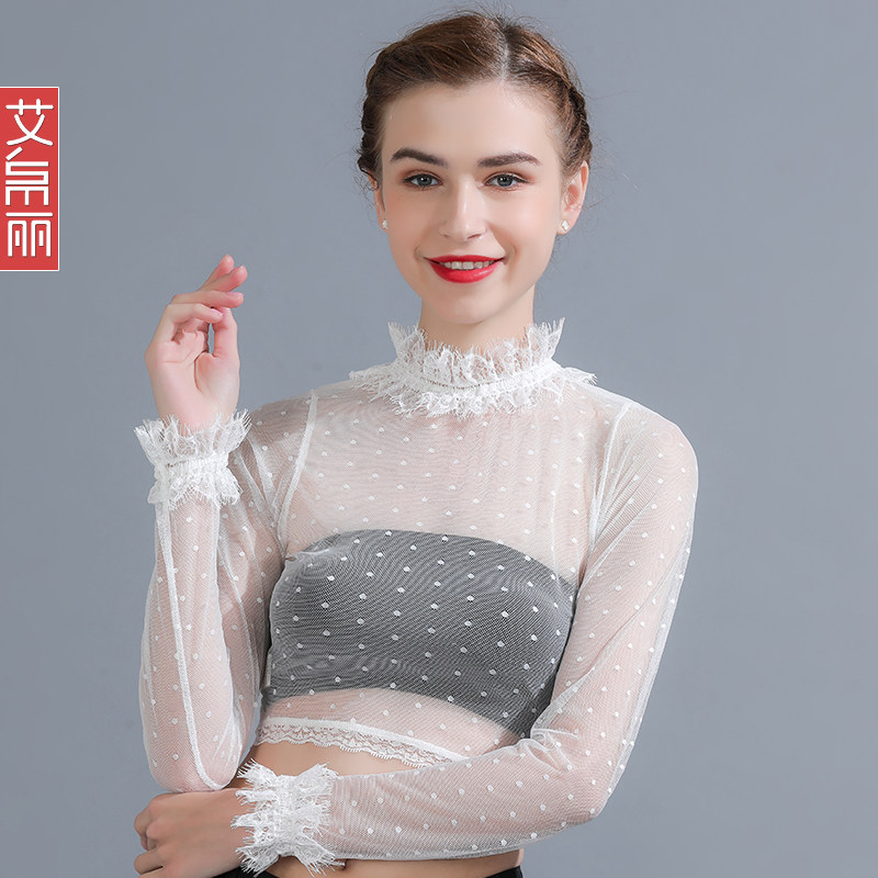 黑色半截网纱打底衫女长袖罩衫纱衣紧身内搭裙子t恤蕾丝上衣薄款