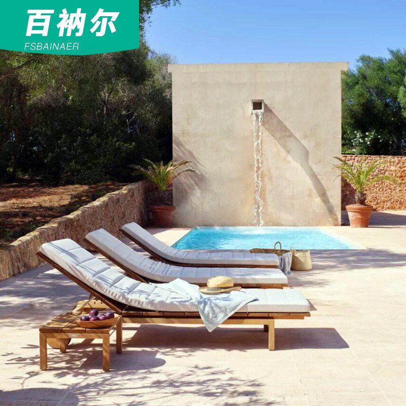 户外躺椅海边沙滩椅露天泳池躺床柚木别墅室外休闲防腐木花园躺床