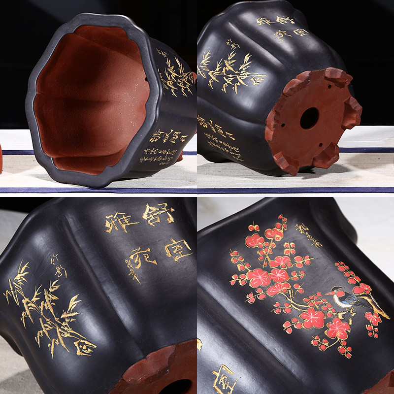 紫砂花盆花卉盆栽六角盆景绿植室内植物盆栽六方花盆陶瓷大号清仓