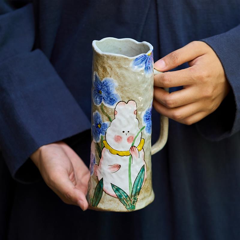 手绘兔子花瓶水培复古景德镇陶瓷瓶子中古鲜花玄关小摆件花器插花