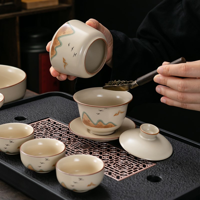 米黄汝窑功夫茶具陶瓷手绘西施壶茶杯整套泡茶器家用茶具套装中式