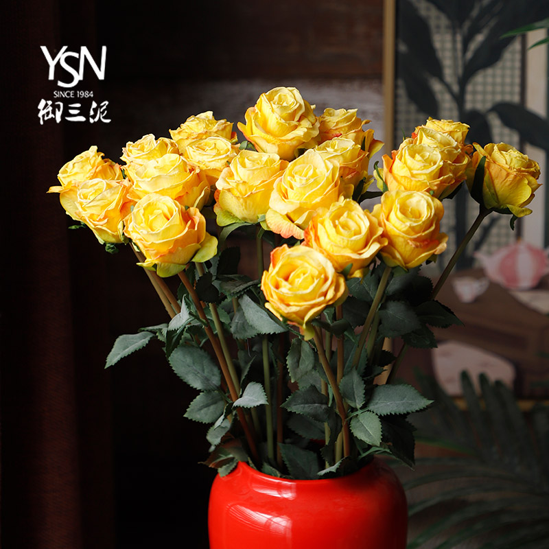 御三泥摆件花艺花束vintage复古多洛塔黄玫瑰ins风仿真花假花绢花