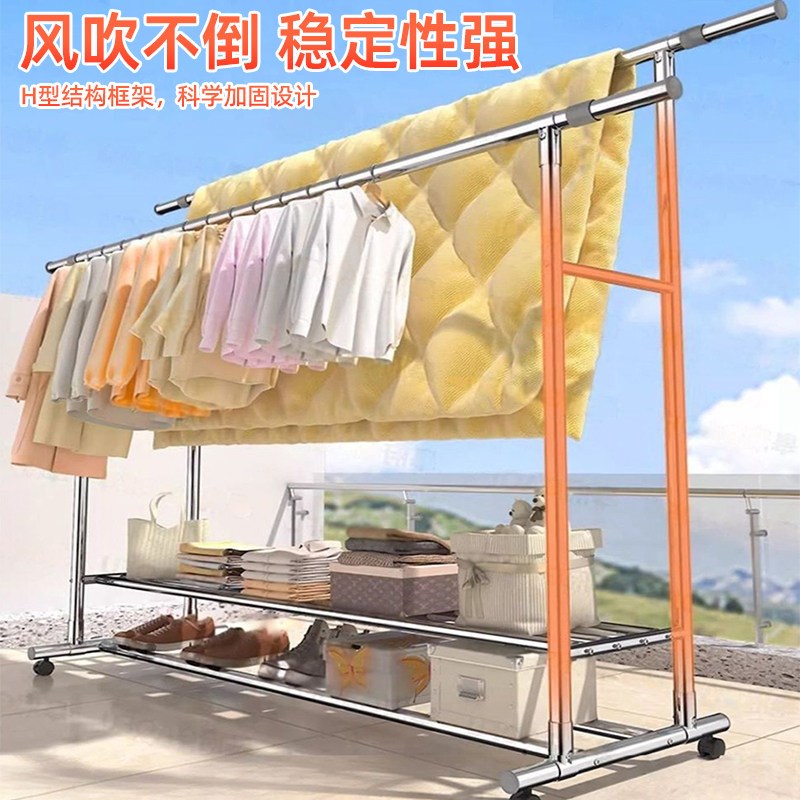 特粗不锈钢晾衣架阳台落地伸缩家用室内外晒衣服架子单双杆挂衣架