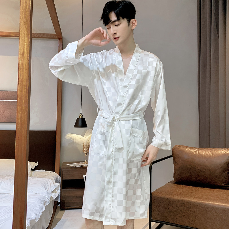 冰丝睡袍男士春夏季和服薄款长袖仿真丝绸睡衣春秋家居服浴袍晨袍