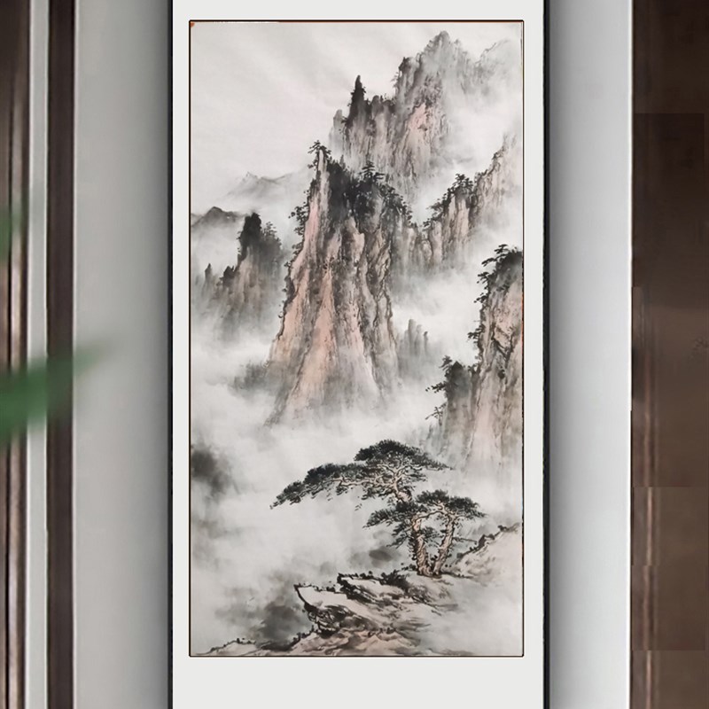 定制纯手绘玄关山水画 客厅挂画 黄山云海办公室沙发新中式装饰画
