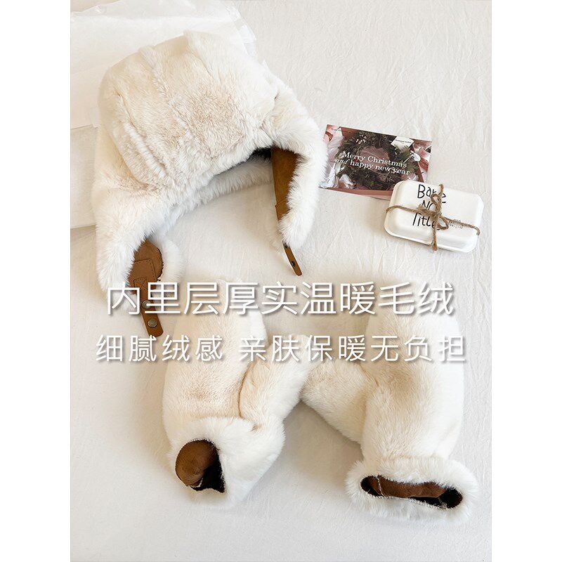 礼诚 麂皮绒防寒手套女冬季皮毛一体帽子护耳加绒雪地保暖套装