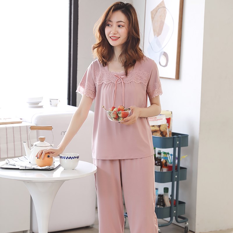 睡衣女士夏季莫代尔短袖七分裤薄款家居服2025新款蕾丝奢华套装