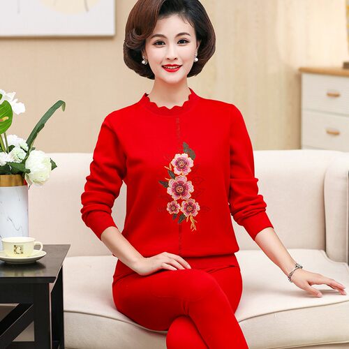 中老年本命年红色发热衣裤女妈妈保暖衣加绒加厚秋衣卫生裤马年