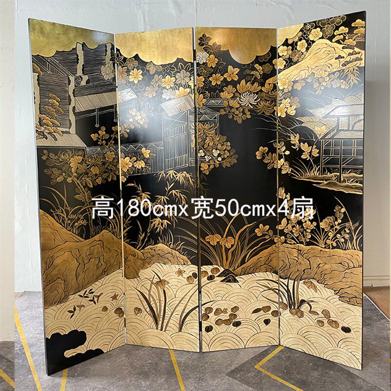 定制手绘漆画描金隔断玄关折屏折叠实木屏风新中式复古客厅背景墙