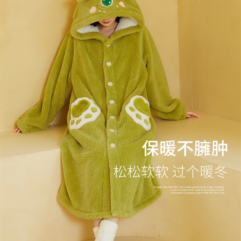 可爱小怪兽长款珊瑚绒睡袍女冬季新款加厚加绒绿色保暖浴袍家居服