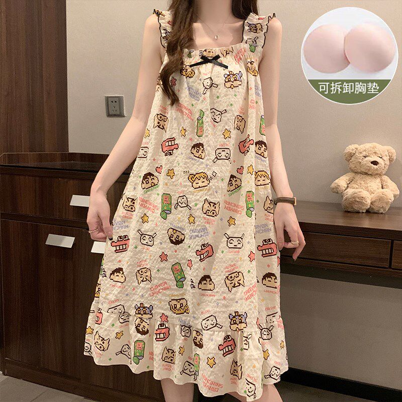 带胸垫防凸点大码吊带睡裙女夏季卡通甜美宽松加肥200斤背心睡衣