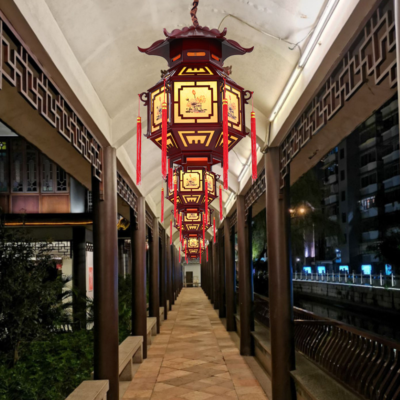 中式实木羊皮灯笼寺庙宫灯走廊过道大门仿古中国风火锅店六角吊灯