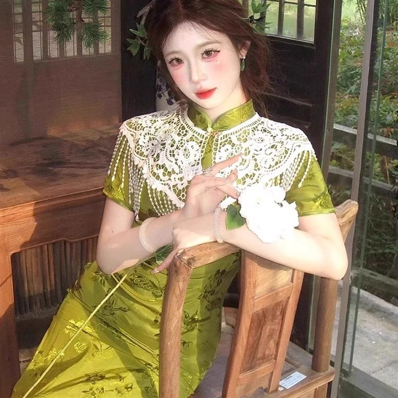 新中式旗袍云肩外搭女披肩珍珠流苏坎肩中国风汉服领子蕾丝配饰