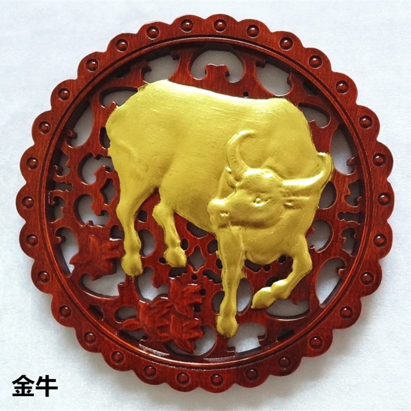 东阳木雕挂件手工描金牛挂件五福鱼金色香樟木雕刻工艺品正方形福
