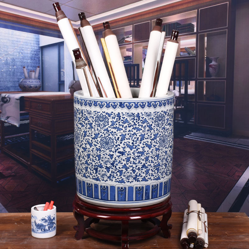 景德镇陶瓷器青花瓷箭筒花瓶直筒书画缸卷轴缸字画收纳雨伞桶画缸