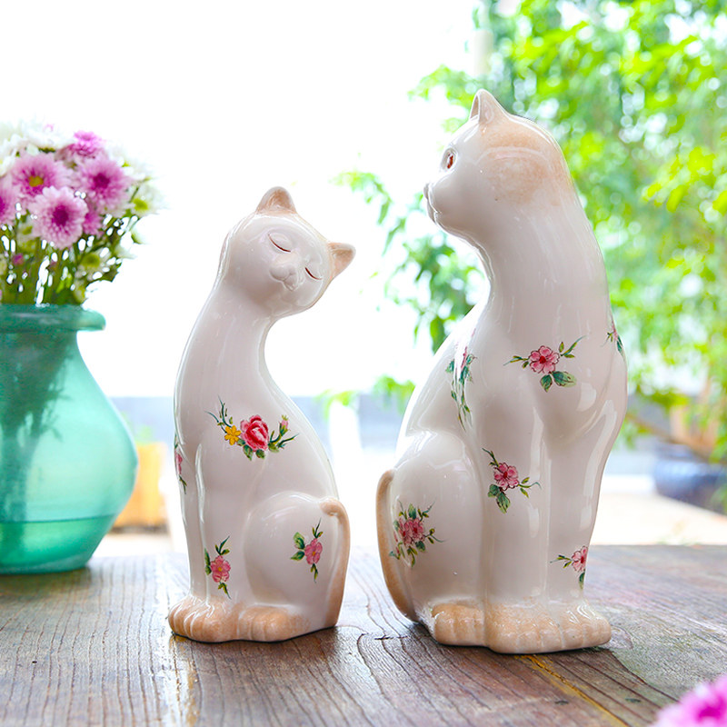 玫瑰小镇 特色手工彩绘情侣陶瓷对猫 实用家居庭院花园装饰摆件