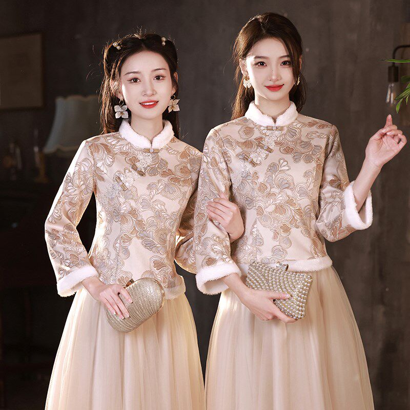 伴娘服中式2024新款冬季结婚显瘦礼服小个子国风汉服姐妹团伴娘裙