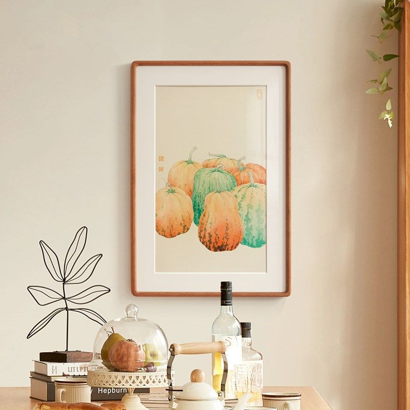 餐厅装饰画瓜果蔬菜丰收日式原木风法式实木榫卯画框双联网红挂画