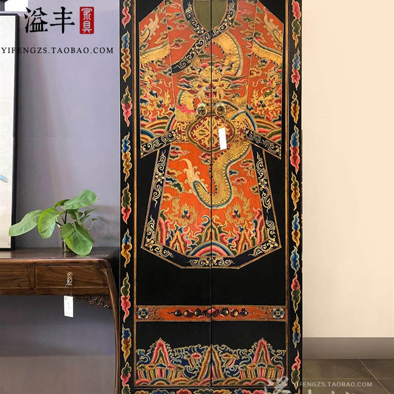 新中式仿古大衣柜做旧彩绘西藏式玄关高柜手绘置物柜酒店民宿家具
