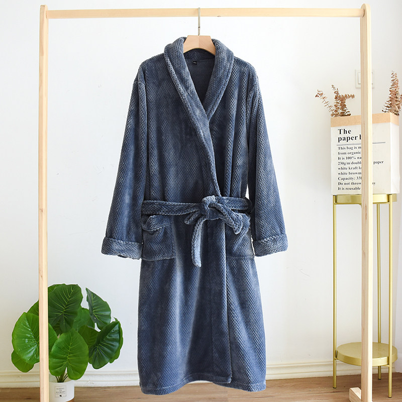 汉服系带睡衣情侣秋冬款加厚法兰绒睡袍中长款过膝男女士和服睡裙