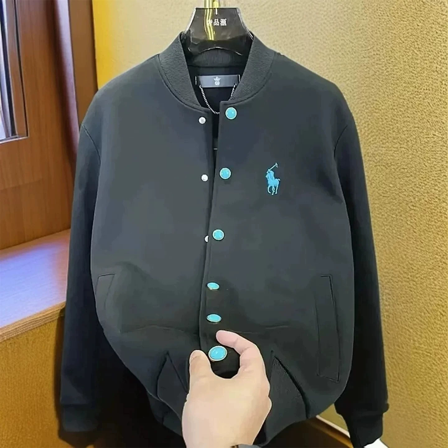欧美轻奢绿松石按扣开衫外套男潮牌刺绣立领夹克秋季休闲棒球服