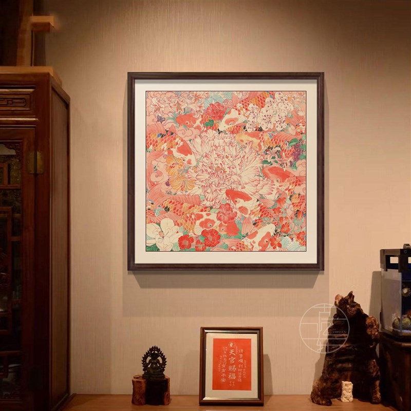 中式玄关墙上装饰画莲花鲤鱼图餐厅艺术挂画九如图九鱼图客厅壁画